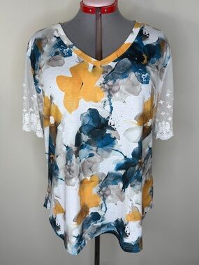 OFEEFAN Shirt Womens XXL Multicolor Floral V Neck Lace Sleeve Boho Top Tee